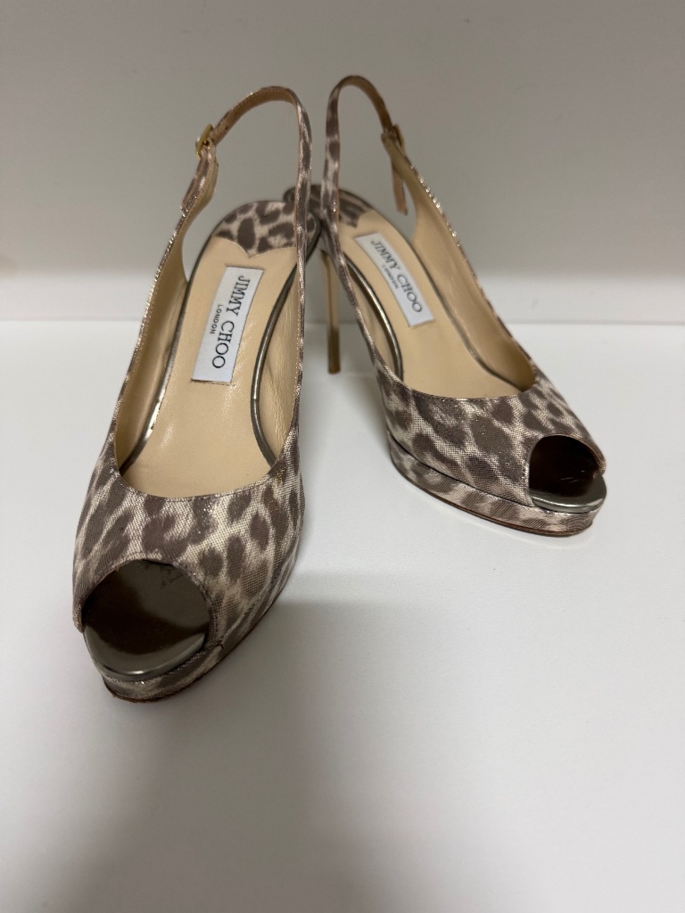 Jimmy Choo Nova Light Gold Shimmer Leopard print slingback EU 38